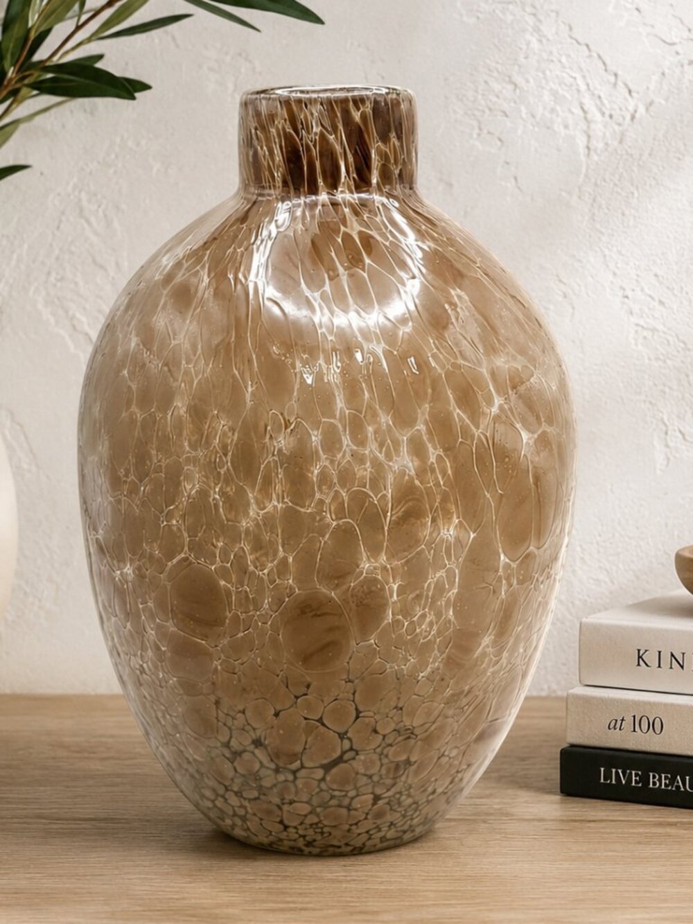 Vintage Hand Blown Art Glass Bubble Vase Large Smoke Taupe Pebble Glass 11"
